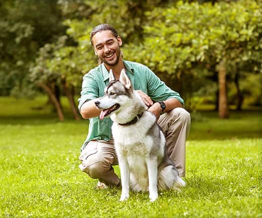 Man in a green shirt with a beard pets Siberian Husky in the park.