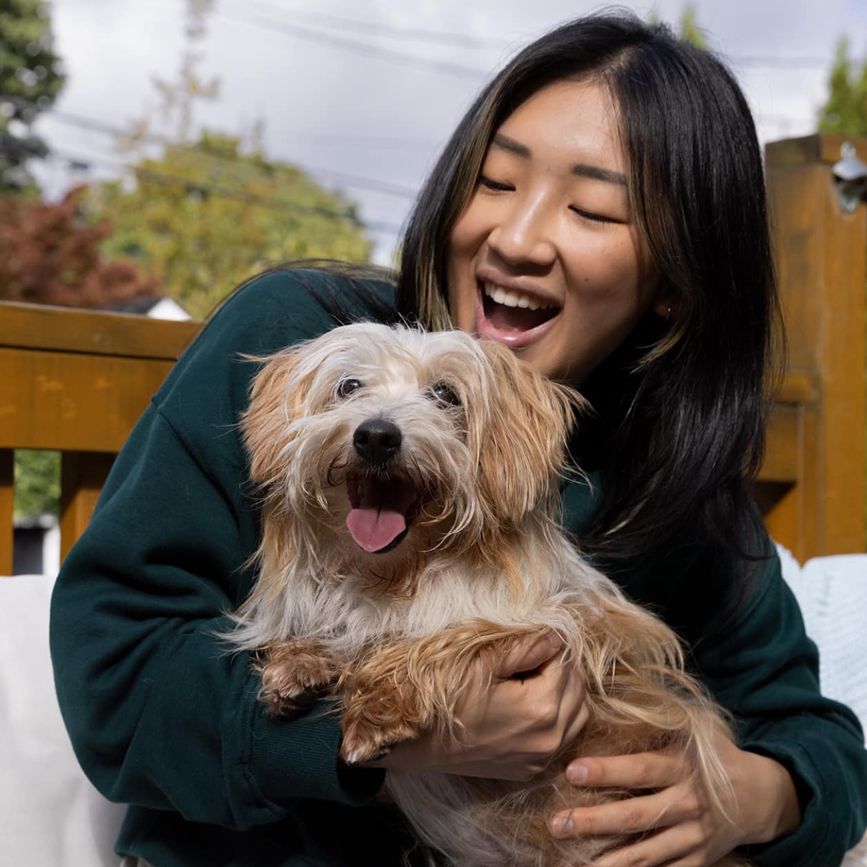 幸せそうな小さな犬を腕に抱いた女性